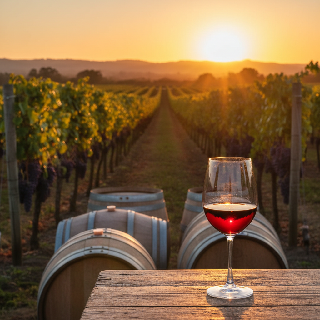 Vinhedo de Tarrango ao pôr do sol com taça de vinho tinto e barris de carvalho ao fundo.