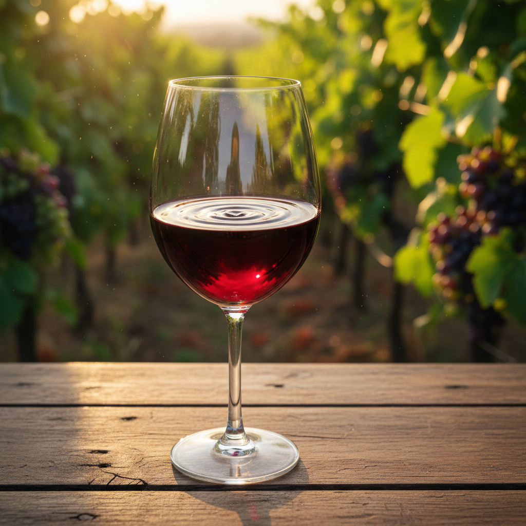 Taça de vinho tinto com líquido avermelhado sobre mesa de madeira rústica, com vinhedos verdes ao fundo sob a luz do sol poente.