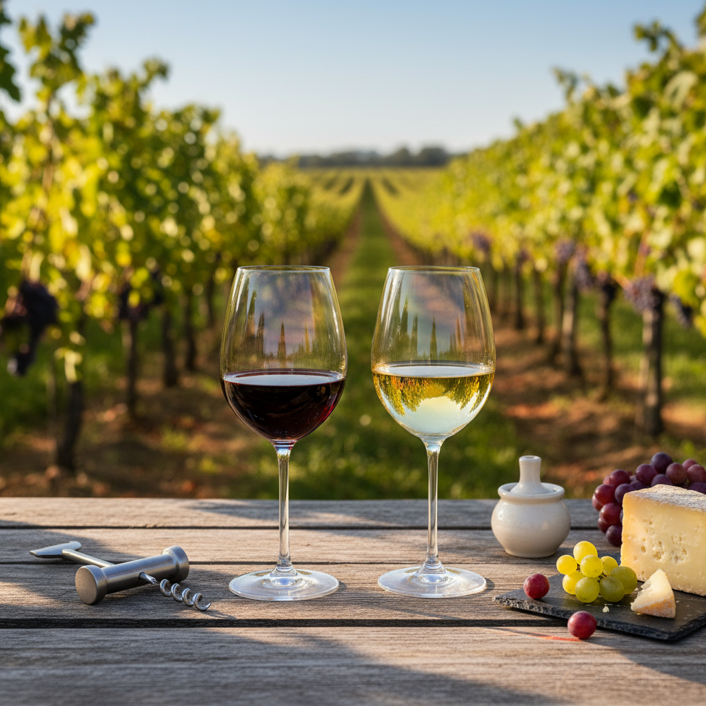 Duas taças de vinho, uma com vinho tinto e outra com vinho branco, sobre uma mesa de madeira, com um vinhedo ensolarado ao fundo.