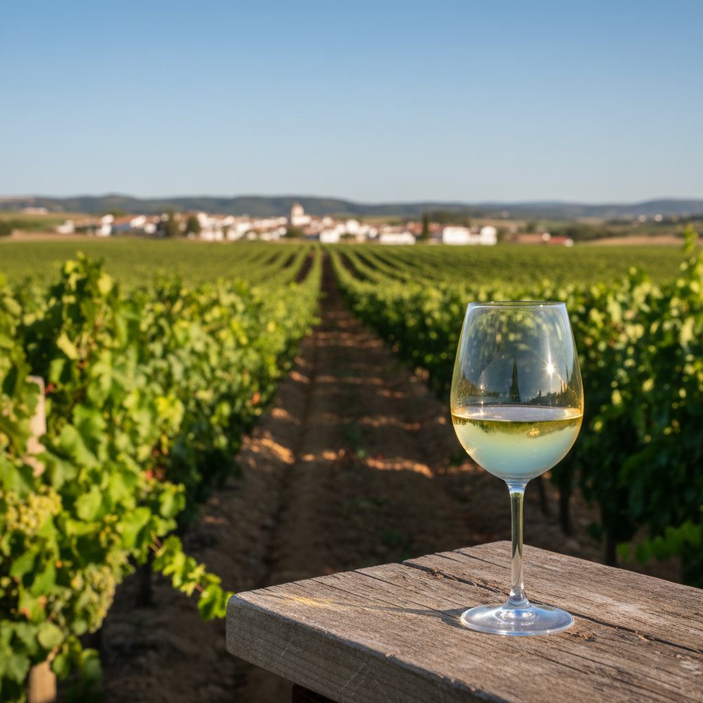 Vinhedo de Verdejo em Rueda com uma taça de vinho branco na frente.