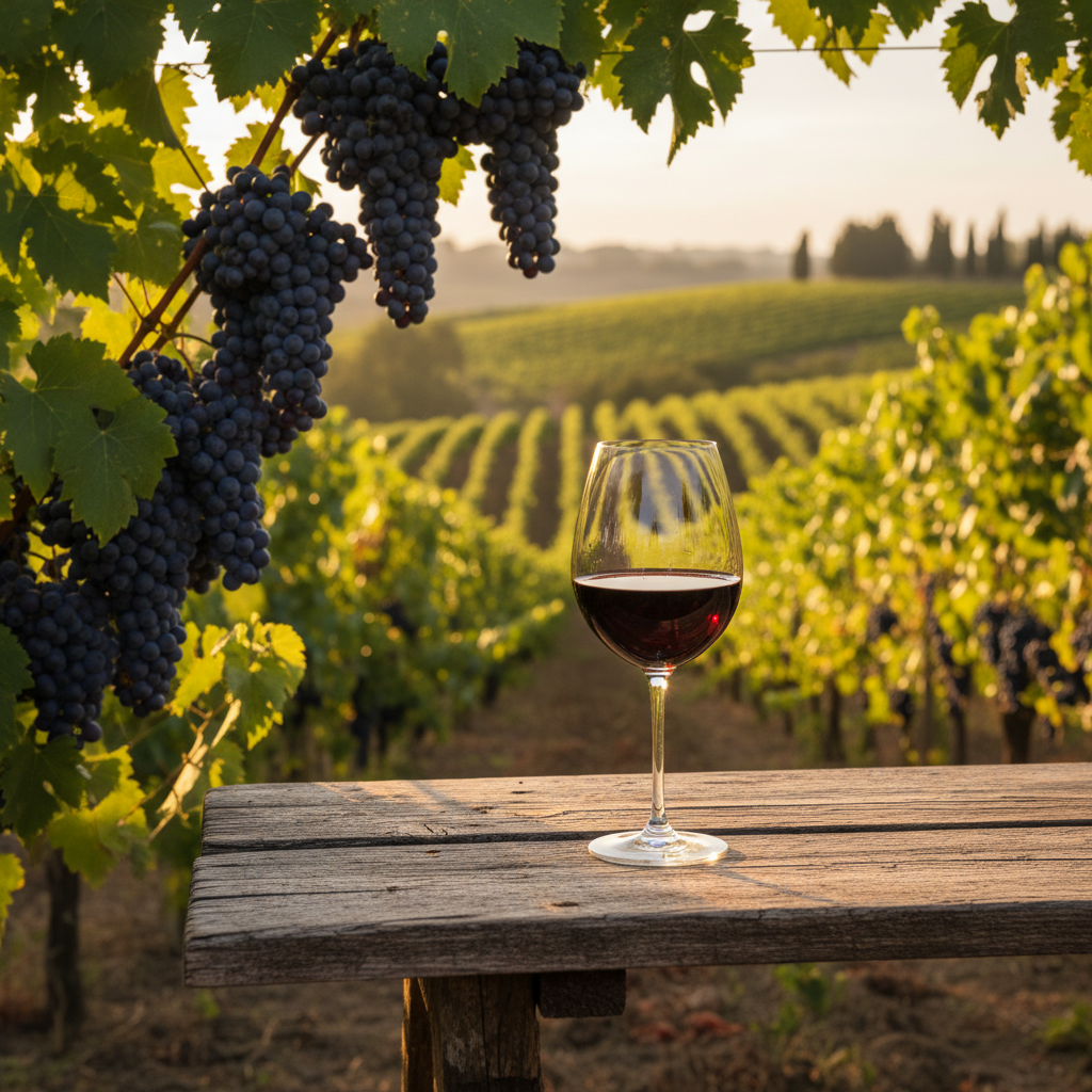 Vinhedo ensolarado com uvas escuras e taça de vinho em mesa rústica.