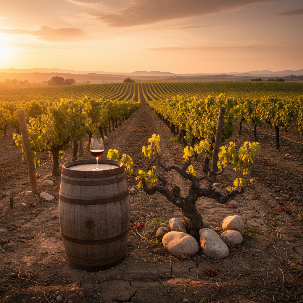 Vinhedo antigo e isolado ao pôr do sol, com um copo de vinho tinto à frente, evocando a exclusividade e a tradição da uva Villanella.