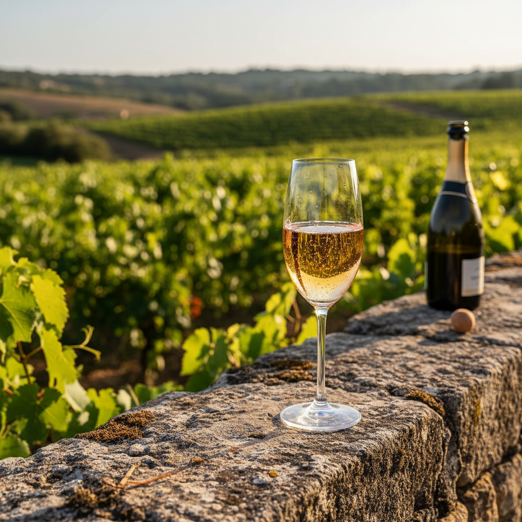 Taça de Cava borbulhante em um vinhedo ensolarado na Catalunha, ilustrando a origem das uvas Xarel-lo, Macabeo e Parellada.