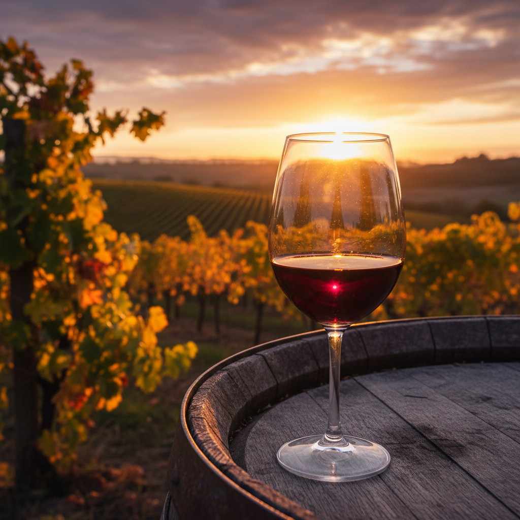 Taça de vinho tinto sobre barril de carvalho em um vinhedo ao pôr do sol, destacando a beleza das uvas tintas e a promessa de um bom vinho.