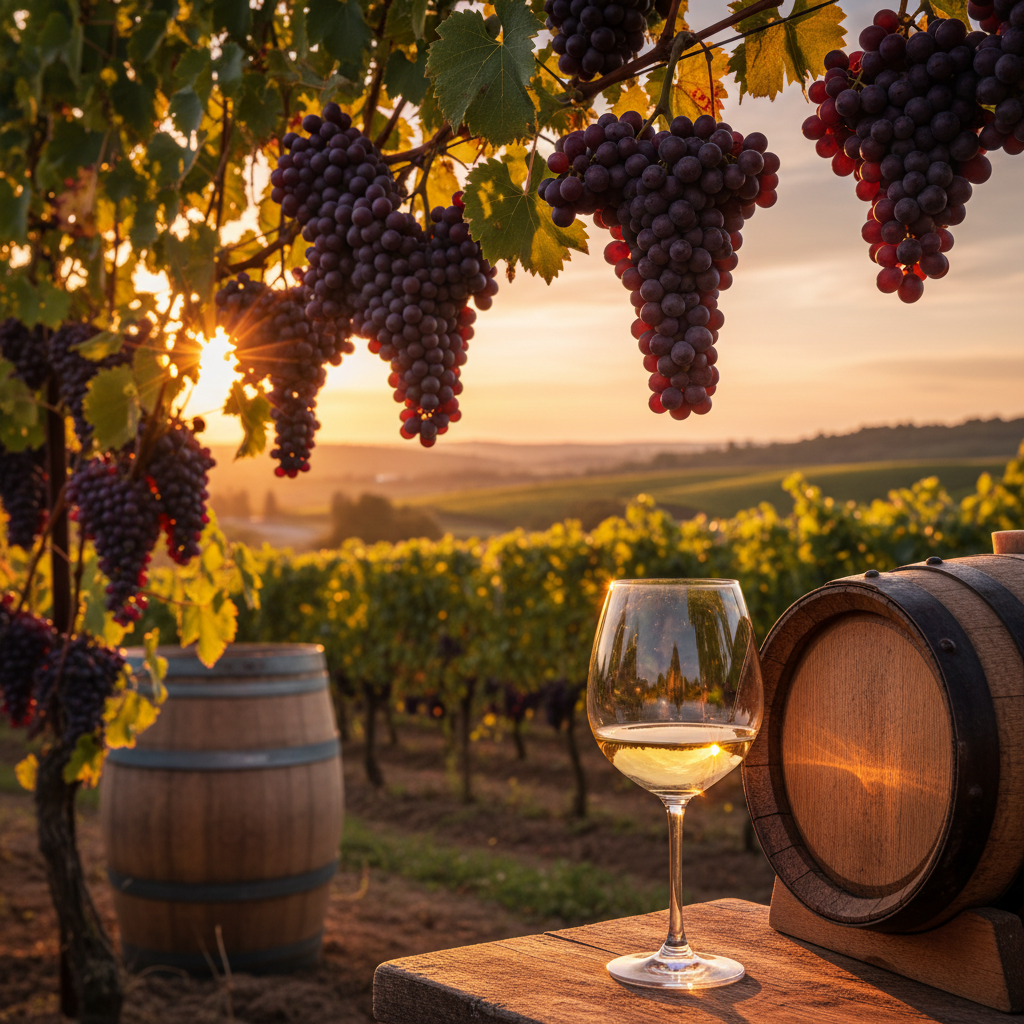 Uvas tintas maduras penduradas em um vinhedo ensolarado, com uma taça de vinho cristal e um barril de carvalho ao fundo, simbolizando a origem e potencial das uvas.