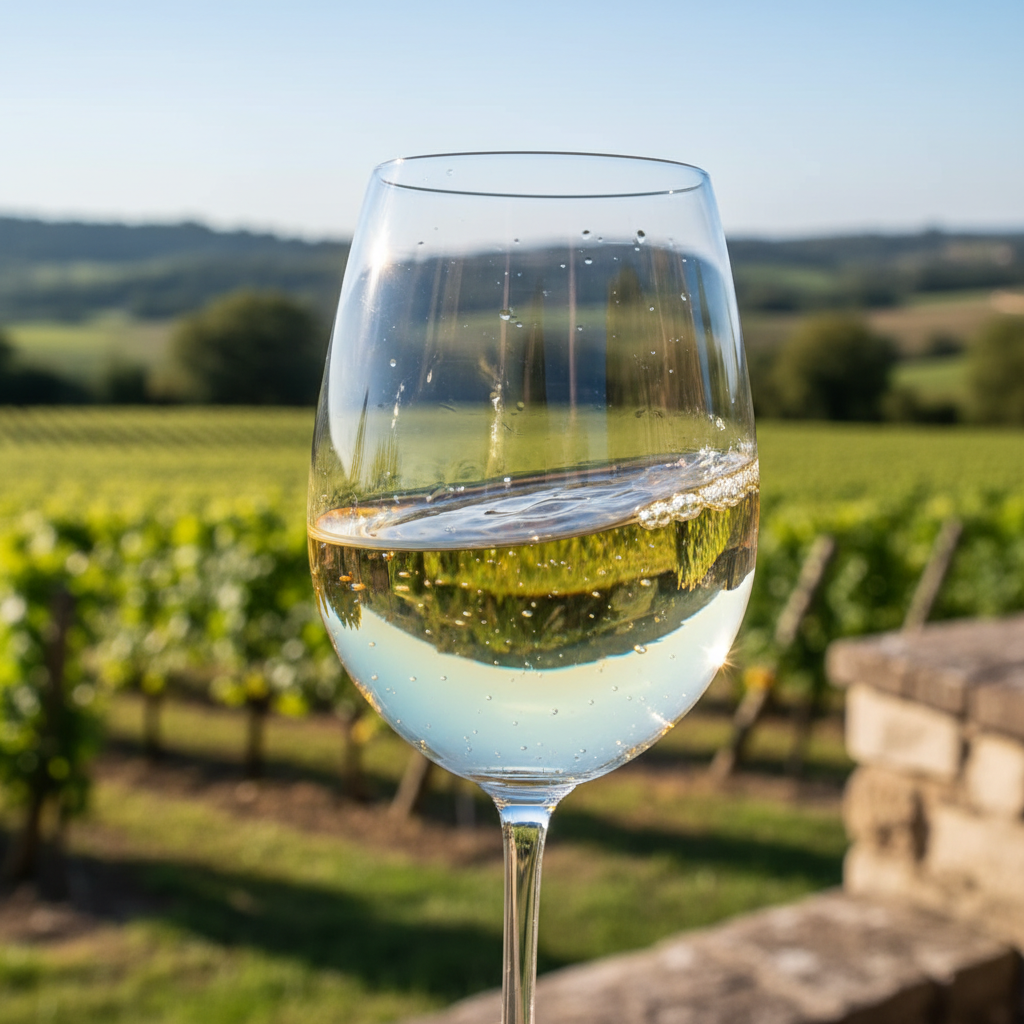 Taça de vinho branco Verdejo com fundo desfocado de vinhedo ensolarado.