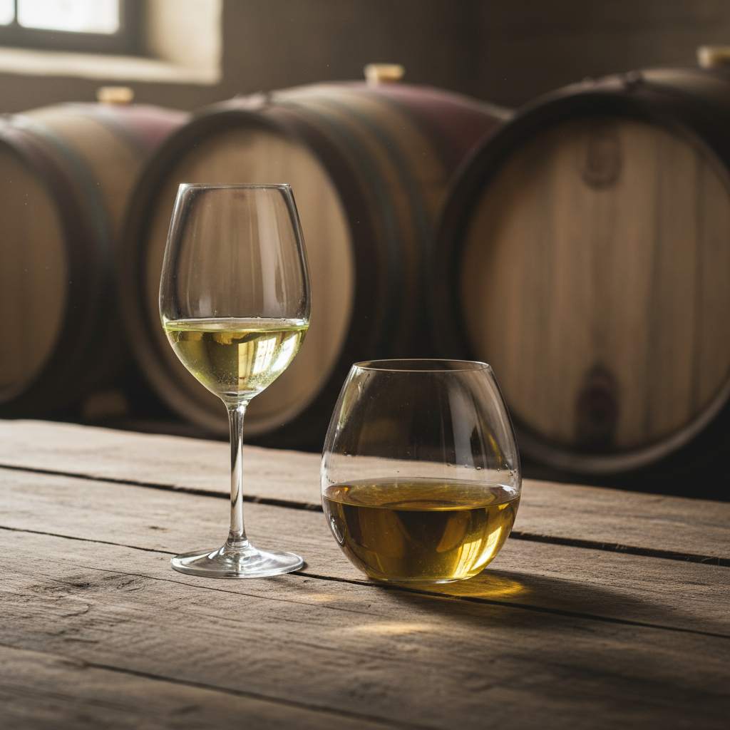 Duas taças de vinho Verdejo, uma jovem e outra envelhecida em barrica, em uma adega com barris de carvalho ao fundo.