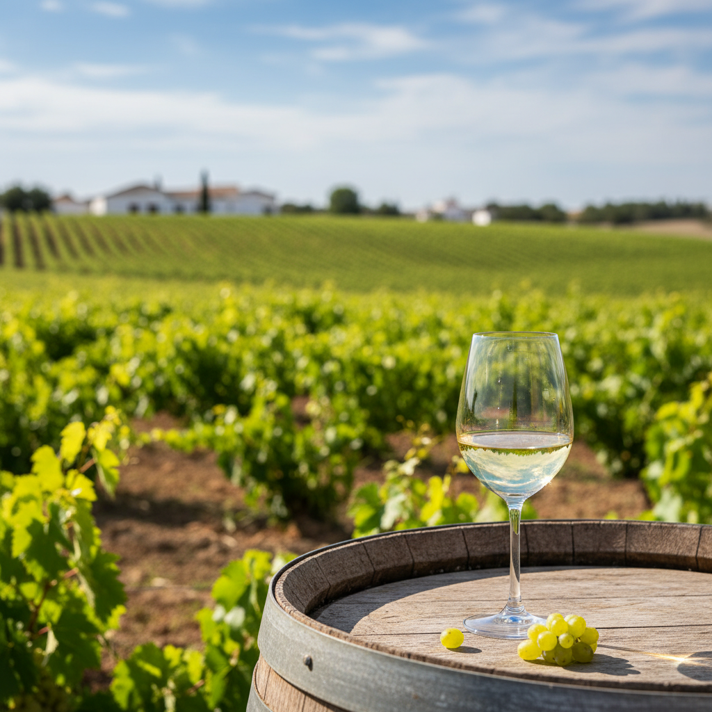Vinhedo orgânico de Verdejo em Rueda sob o sol, com uma taça de vinho branco elegante em primeiro plano, simbolizando a sustentabilidade e a qualidade.