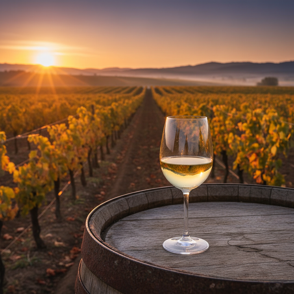 Taça de vinho branco Verdejo descansando sobre um barril de carvalho em um vinhedo espanhol ao pôr do sol.