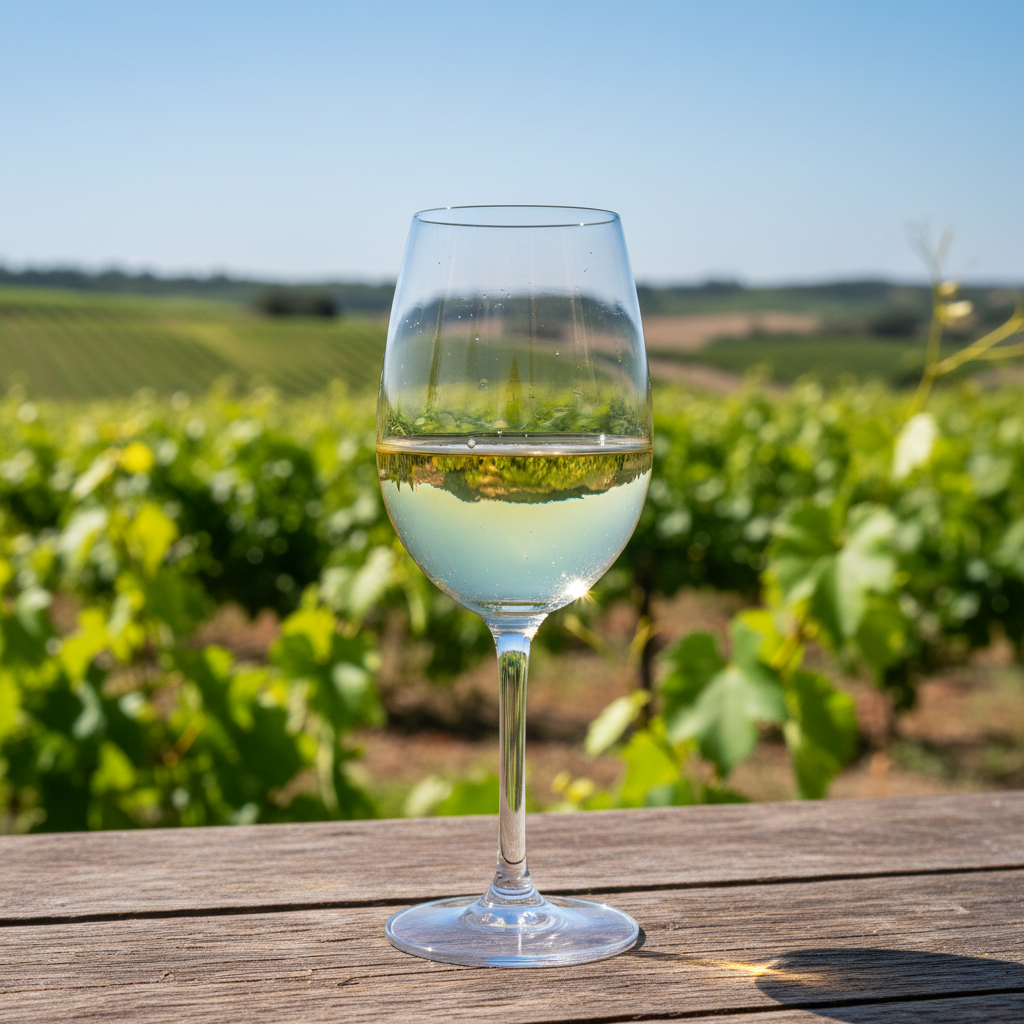 Taça de vinho Verdejo de cor amarelo-pálido sobre mesa rústica, com vinhedos verdes da região de Rueda desfocados ao fundo.