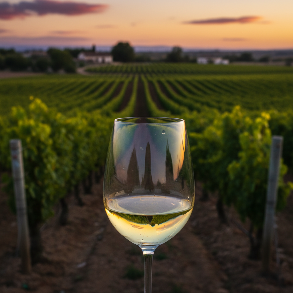Taça de vinho Verdejo de Rueda com vinhedos ensolarados ao fundo, destacando a paisagem da DO.