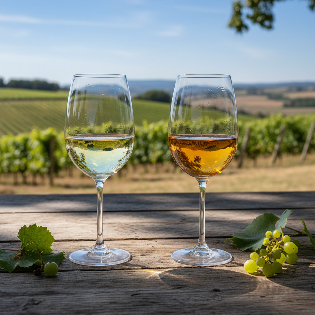 Duas taças de vinho branco em uma mesa rústica ao ar livre, com um vinhedo verdejante ao fundo sob um céu claro.