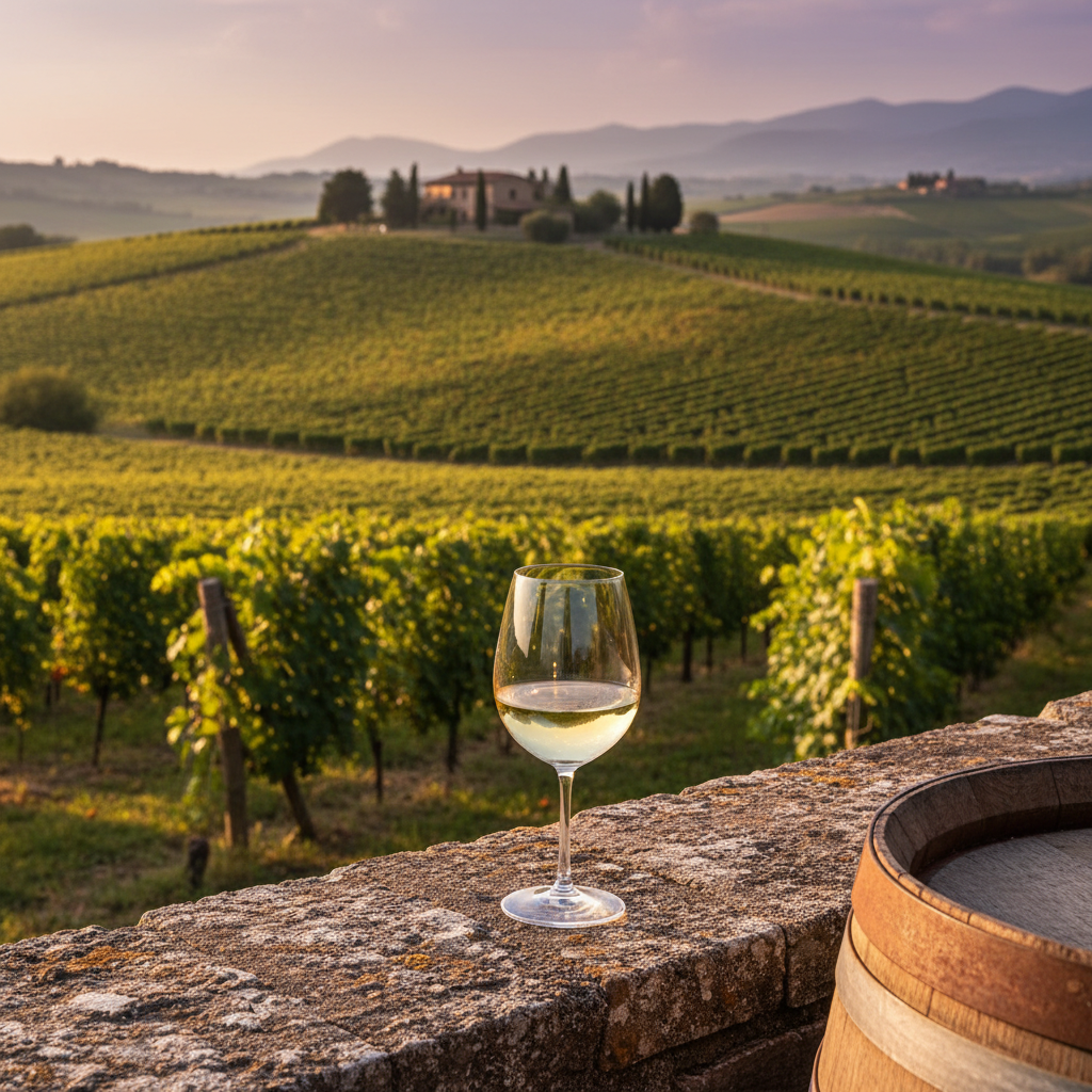 Taça de vinho branco Verdicchio em uma parede de pedra rústica, com um vasto vinhedo da região de Marche, Itália, ao fundo durante o pôr do sol.