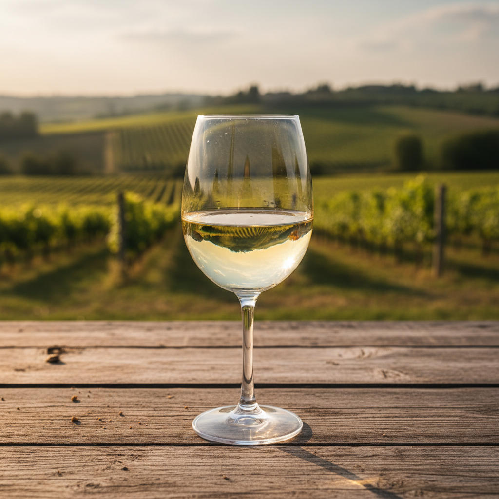 Taça de vinho Verdicchio com vinhedo ensolarado da região de Marche ao fundo, pronto para ser apreciado.
