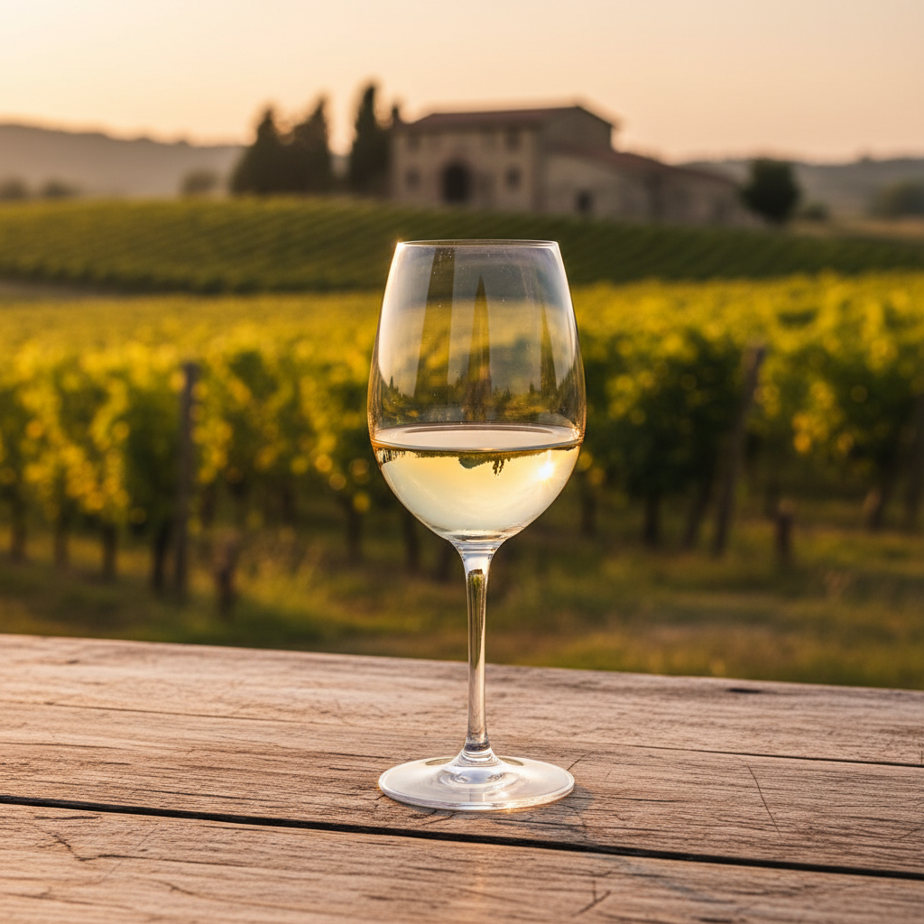 Taça de vinho Verdicchio em mesa rústica com vinhedo italiano ao pôr do sol.