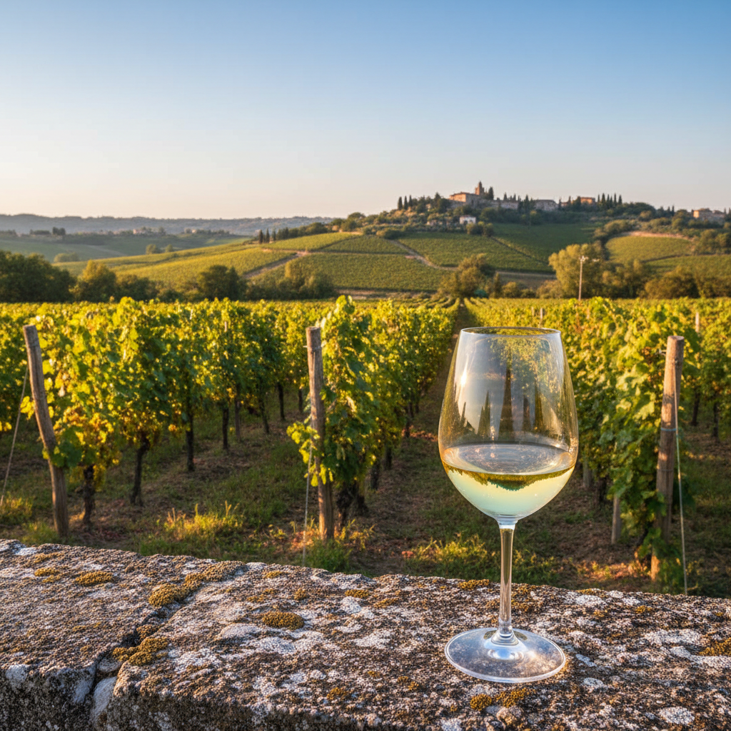 Taça elegante de vinho Verdicchio com tonalidade verde-dourada, repousando sobre um muro de pedra rústico, com um extenso vinhedo de Verdicchio na região de Marche, Itália, ao fundo sob um céu azul.