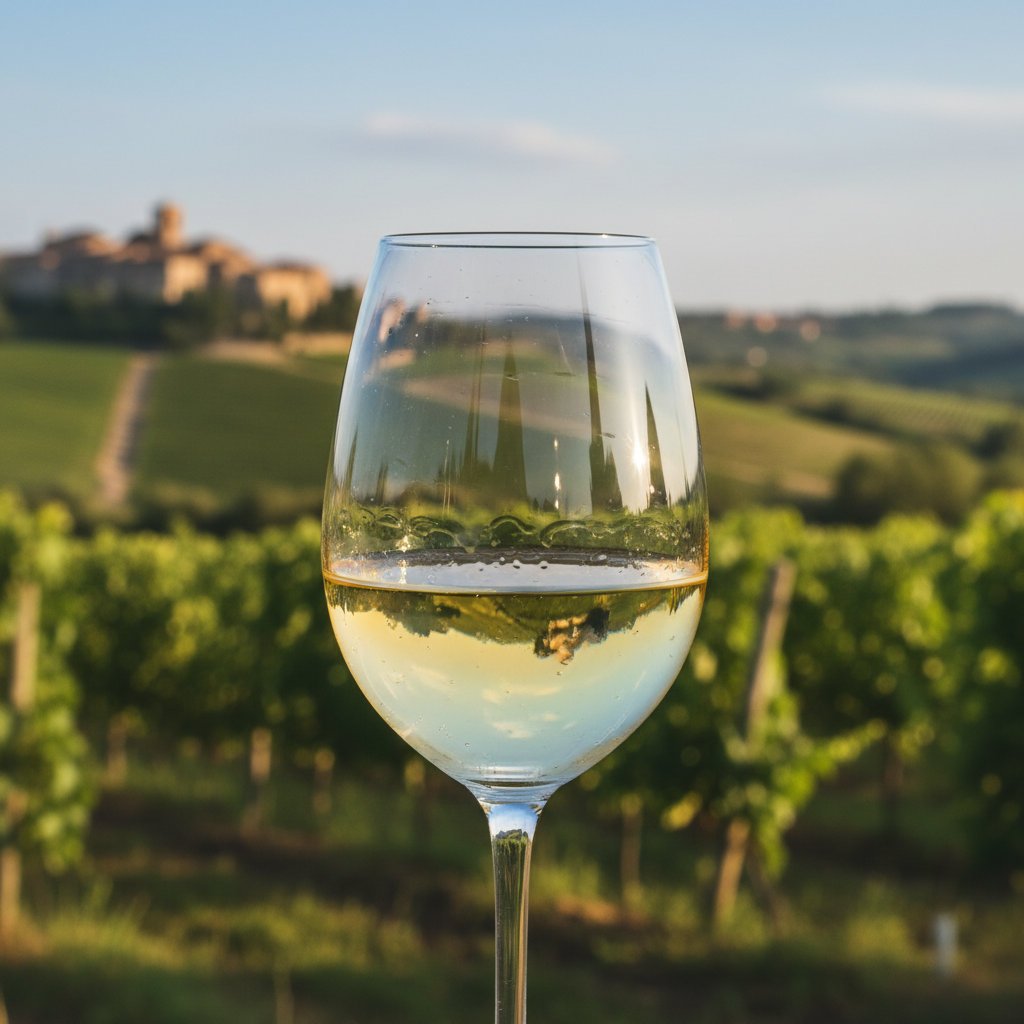 Taça de vinho branco Verdicchio com vinhedos verdes da região de Marche, Itália, ao fundo sob um céu azul.