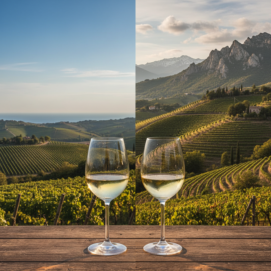 Vinhedos distintos da região de Marche, Itália, representando os terroirs de Castelli di Jesi e Matelica, com duas taças de vinho branco cristalino refletindo o sol em primeiro plano.