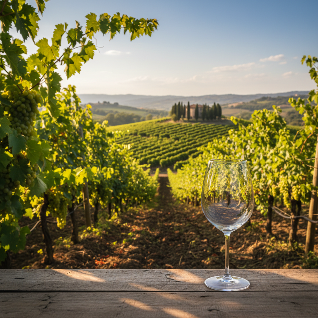 Vinhedo de Verdicchio orgânico na região de Marche, Itália, com uma taça de vinho branco em primeiro plano, simbolizando a sustentabilidade.