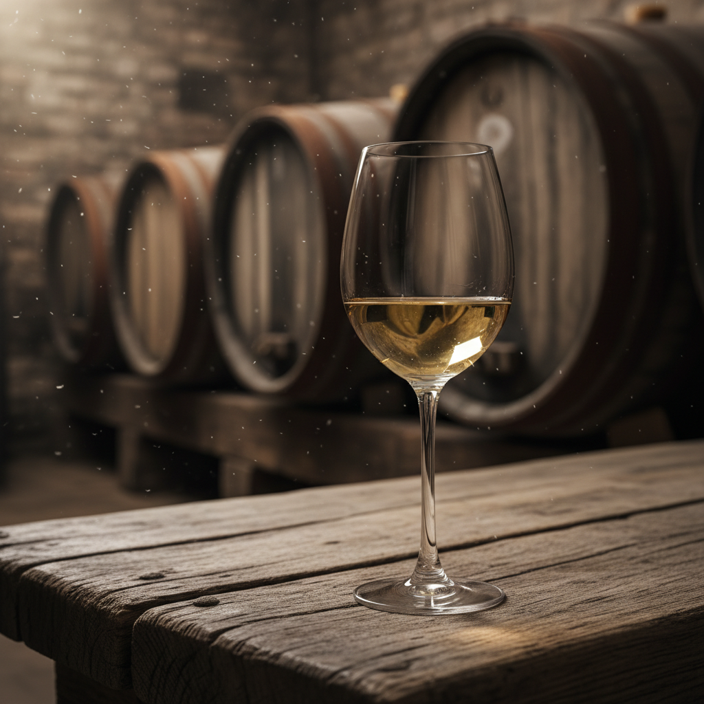 Taça de vinho branco Verdicchio envelhecido em uma adega escura com barris de carvalho ao fundo.