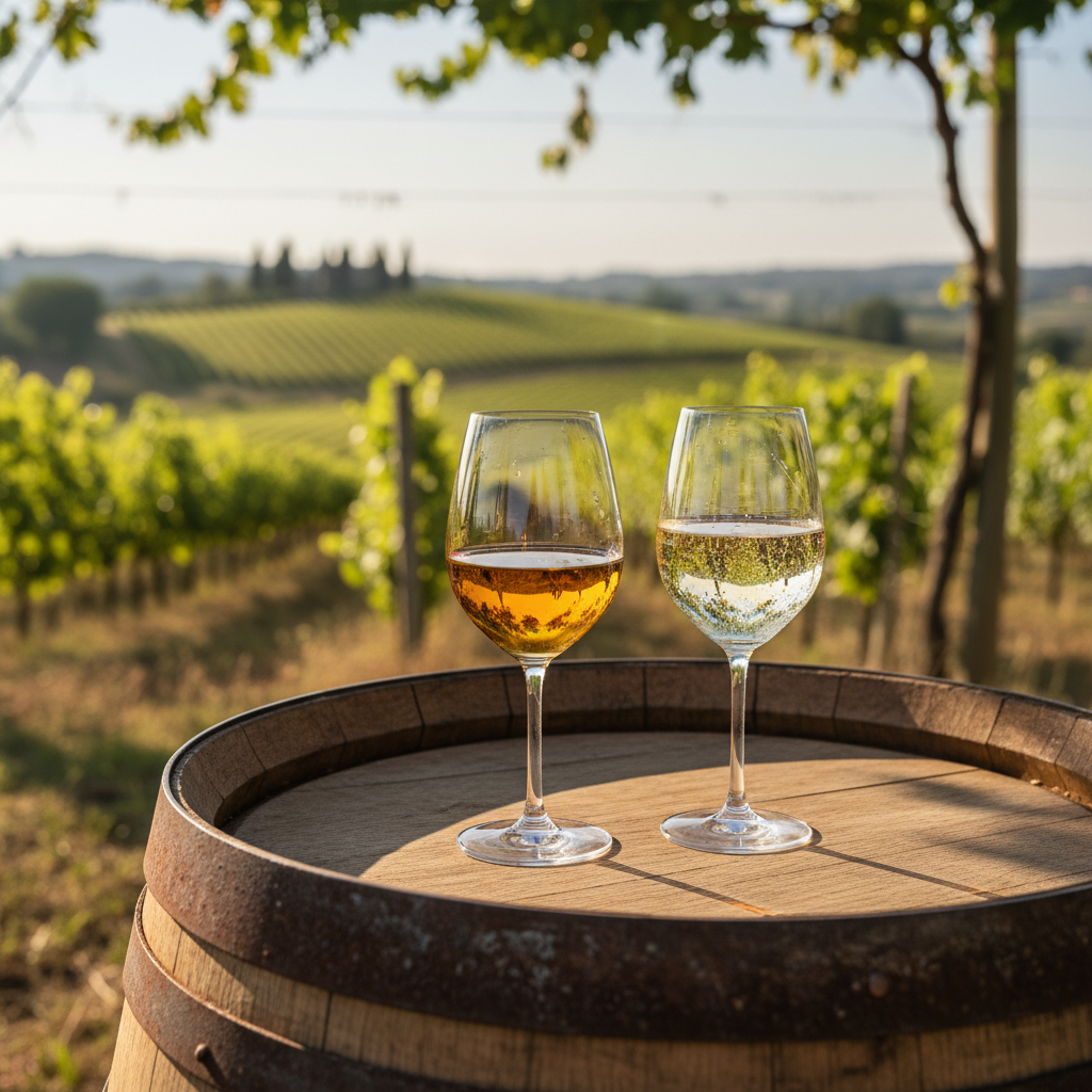 Duas taças de vinho, uma com Verdicchio Passito dourado e outra com Verdicchio Spumante borbulhante, sobre um barril de carvalho em um vinhedo italiano ensolarado.