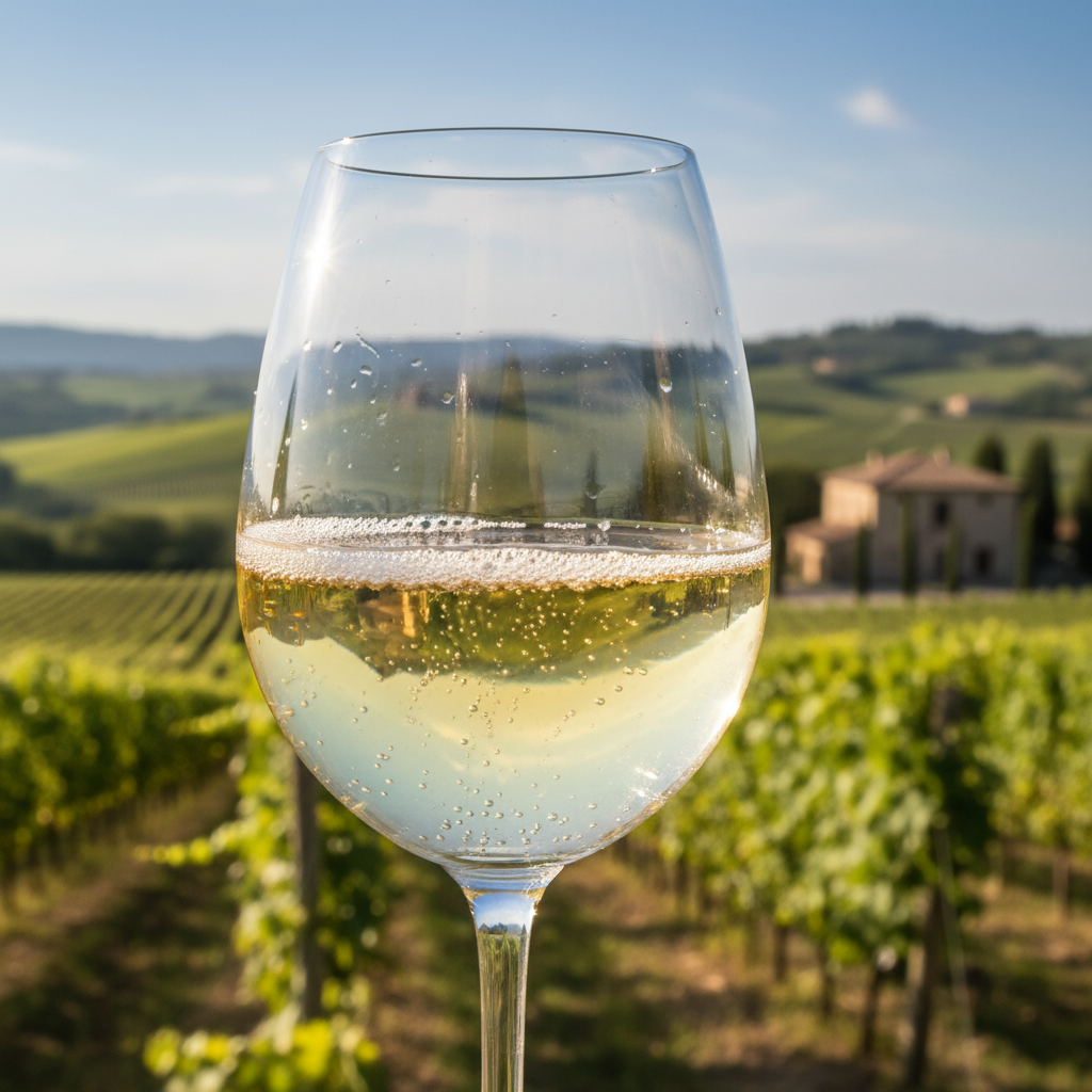 Taça de vinho Verdicchio com coloração amarelo-palha clara, ao fundo um vinhedo ensolarado na região de Marche, Itália.