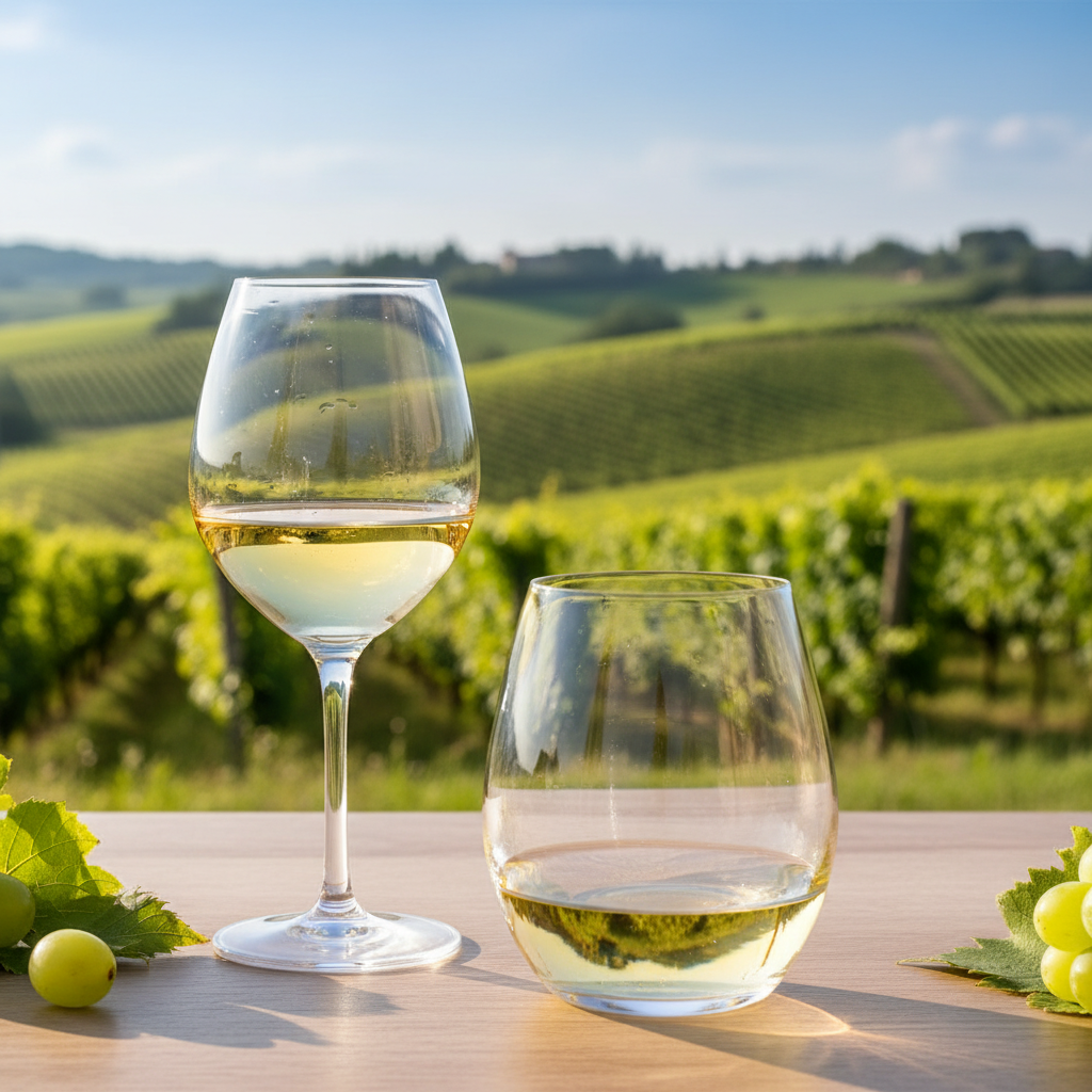 Duas taças de vinho branco, uma representando Verdicchio e outra Pinot Grigio, sobre uma mesa de madeira com um vinhedo italiano ensolarado ao fundo.
