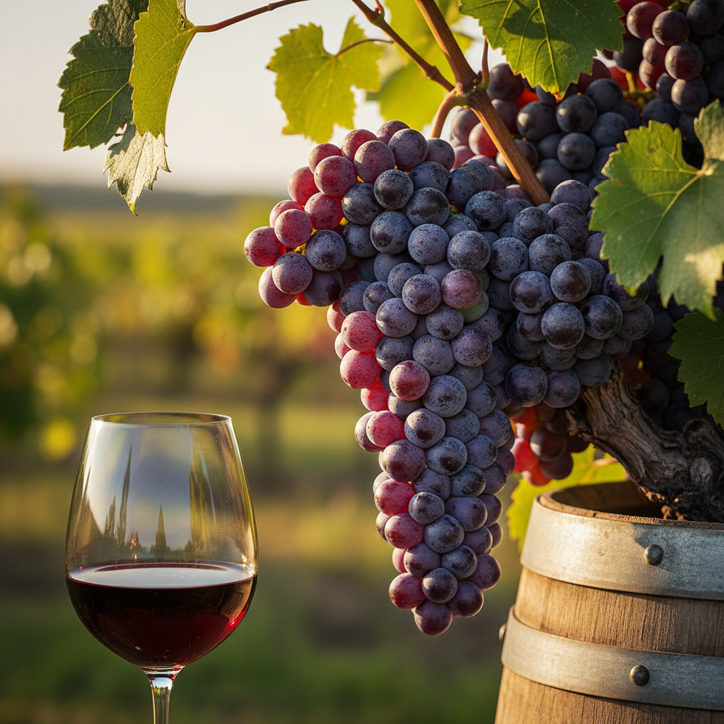 Cacho de uvas Villanella maduras em um vinhedo ensolarado, com uma taça de vinho tinto e um barril de carvalho ao fundo.