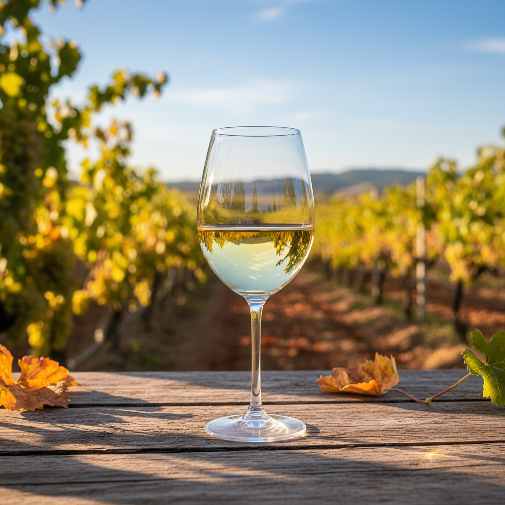 Taça de vinho Airén sobre uma mesa de madeira rústica em um vinhedo espanhol ensolarado, transmitindo uma atmosfera de harmonia e sabor.