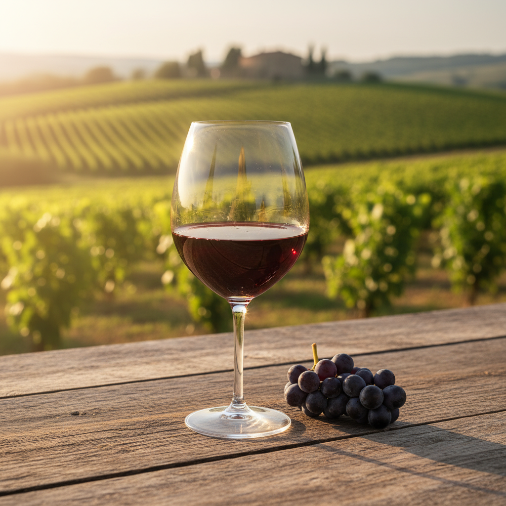 Taça de vinho Aleatico tinto sobre mesa rústica, com vinhedos verdes ao fundo, sob luz solar suave.