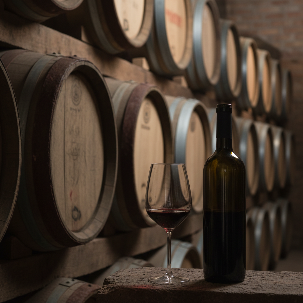 Taça de vinho tinto rubi e garrafa em adega rústica com barris de carvalho.