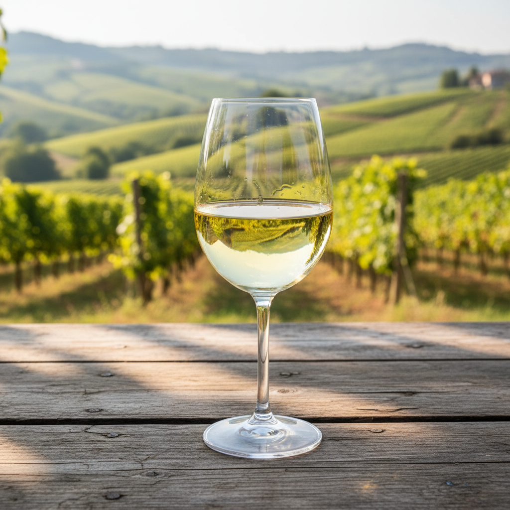 Taça de vinho branco Arneis em uma mesa de madeira rústica, com um vinhedo do Piemonte ao fundo sob o sol.