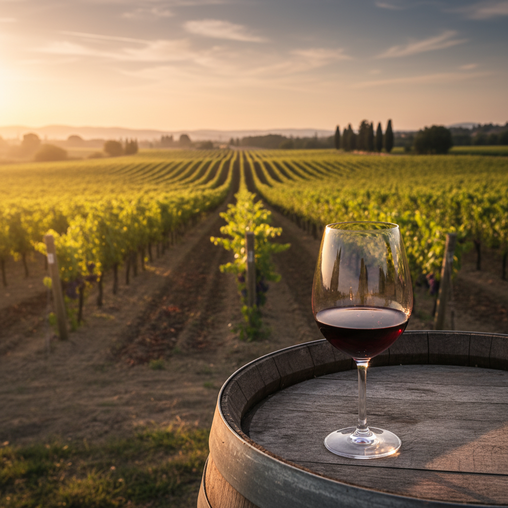 Taça de vinho tinto Blauer Portugieser sobre um barril de carvalho em um vinhedo ao pôr do sol.