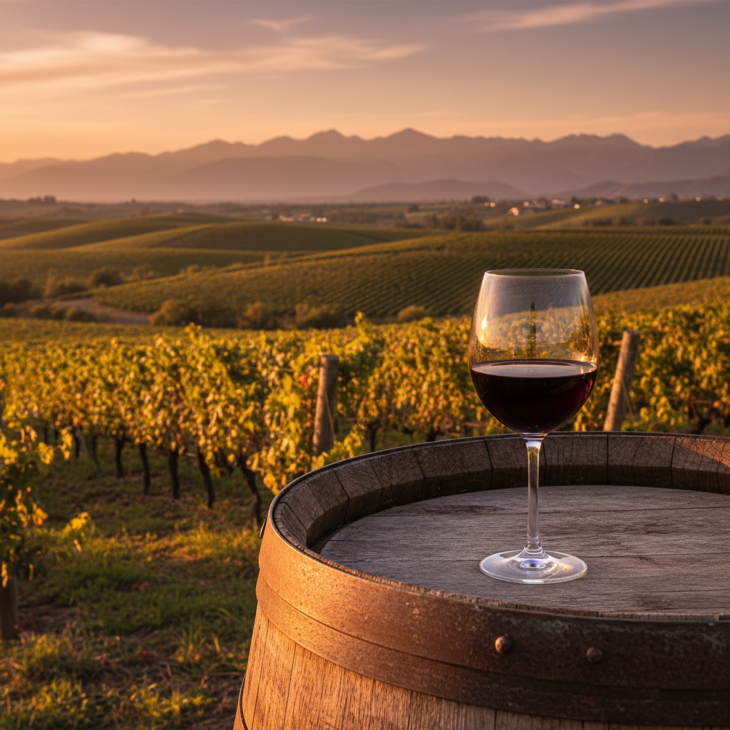 Vinhedo de Bonarda em Mendoza ao pôr do sol com uma taça de vinho tinto sobre um barril de carvalho.