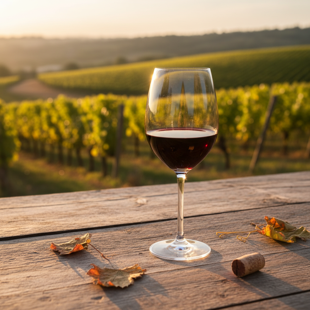 Taça de vinho Bonarda em primeiro plano com vinhedo argentino ao pôr do sol.