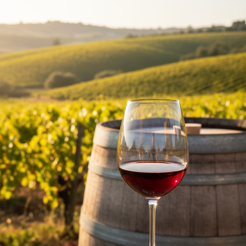 Taça de vinho tinto Castelão em um cenário de vinhedos portugueses ensolarados e barris de carvalho.