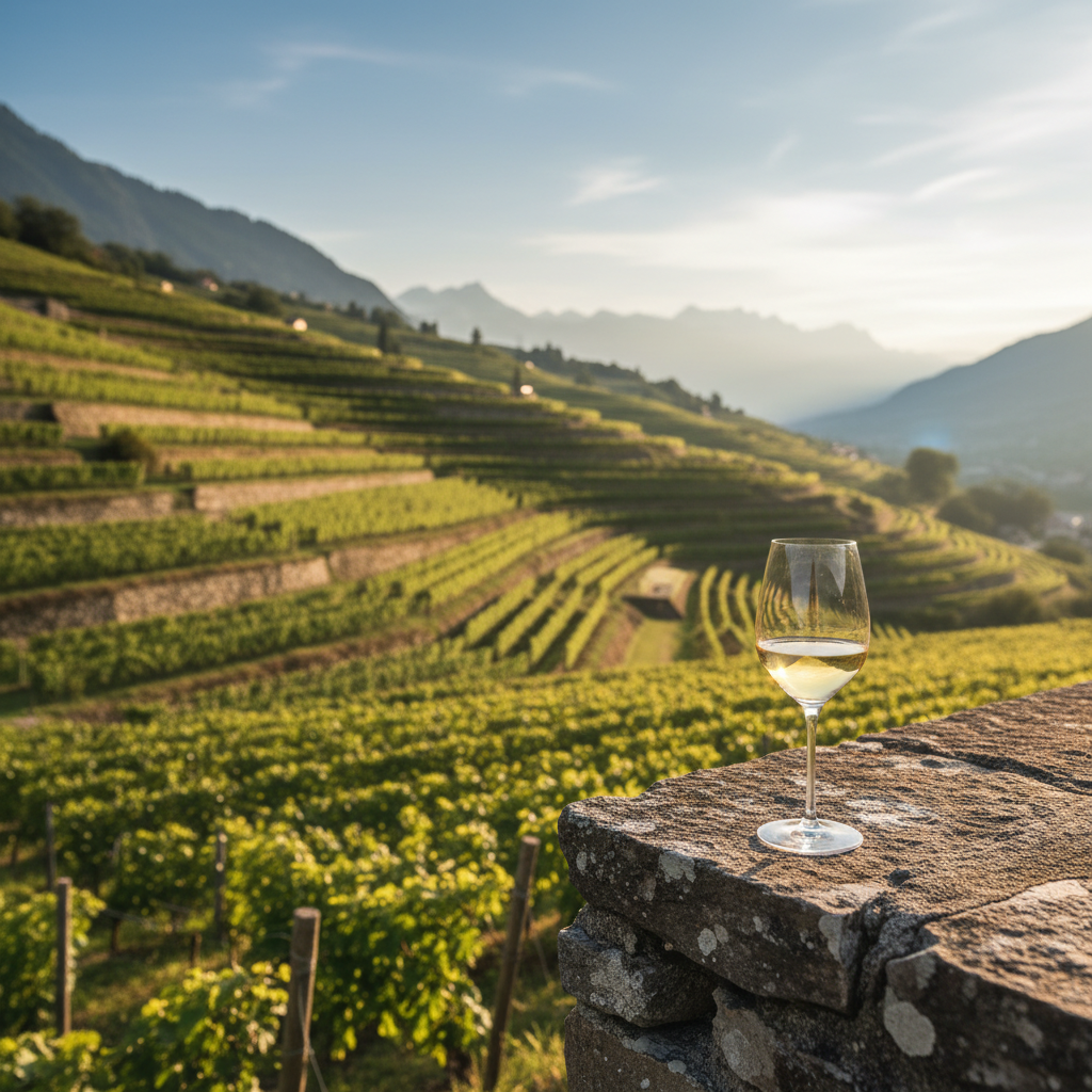 Taça de vinho Chasselas em um vinhedo ensolarado na Suíça, com paisagem montanhosa ao fundo.