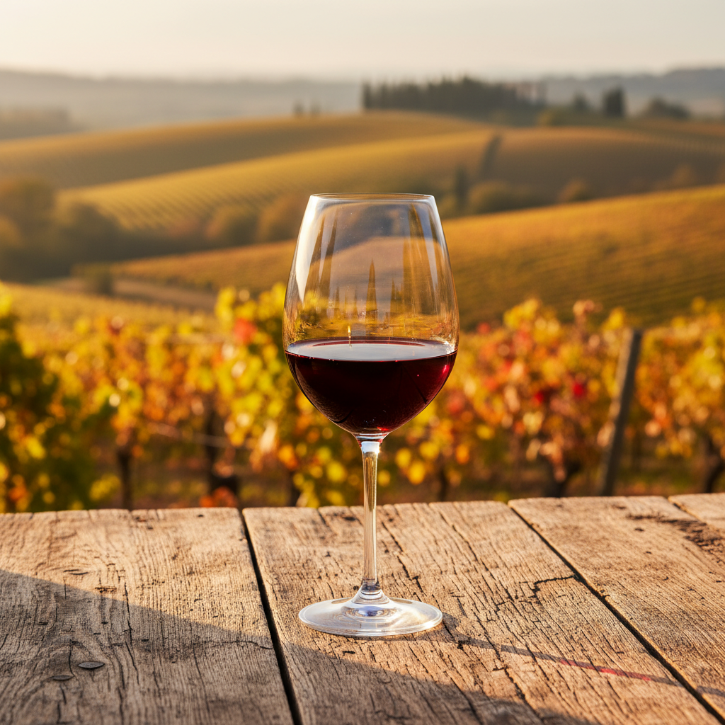 Taça de vinho tinto Gamay Noir sobre mesa de madeira com vinhedo ensolarado ao fundo em tons outonais.