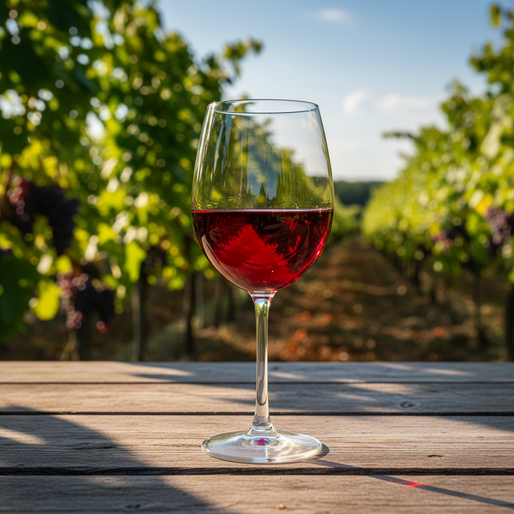 Taça de vinho Gamay em mesa rústica ao ar livre, com vinhedo ensolarado ao fundo, evocando o verão.