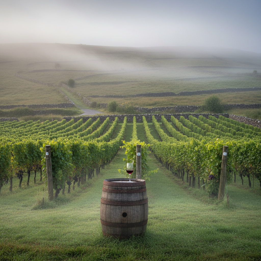 Vinhedo resiliente em uma paisagem verde e nebulosa da Irlanda, com um barril de vinho rústico, simbolizando a produção de uvas na Ilha Esmeralda.