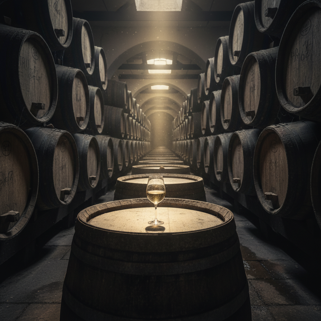 Adega de Jerez tradicional com barris em sistema de solera e uma taça de vinho Fino, simbolizando o processo de envelhecimento sob flor.
