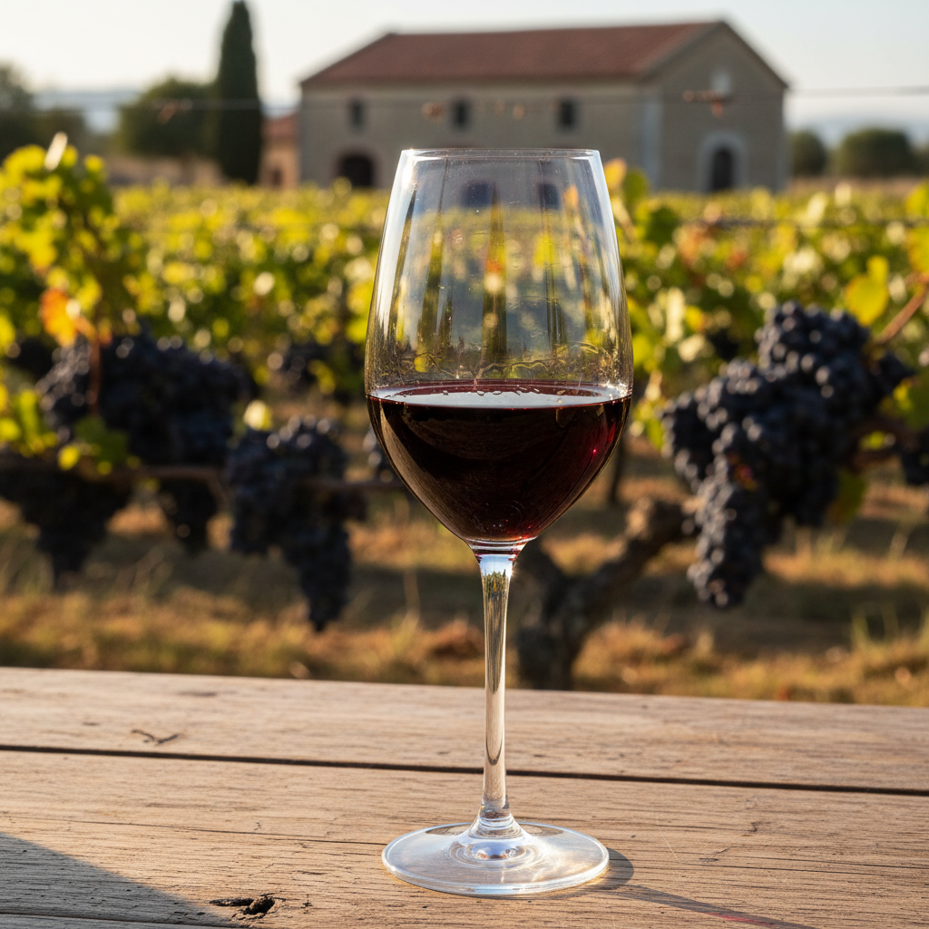Taça de vinho tinto Mataro em uma mesa de madeira rústica, com um vinhedo ensolarado e uvas maduras ao fundo.