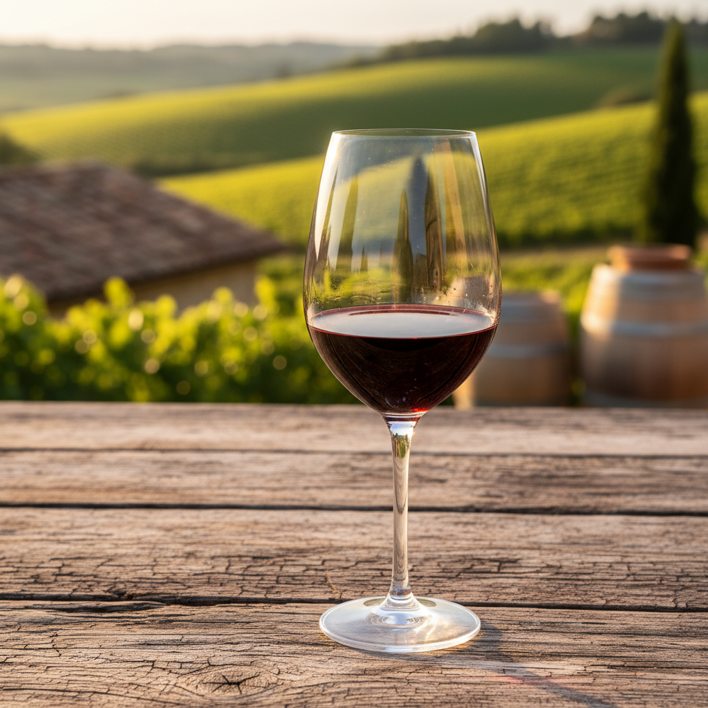Taça de vinho Mavrodaphne de cor rubi profunda em mesa de madeira, com vinhedo grego e barris ao fundo sob o pôr do sol.