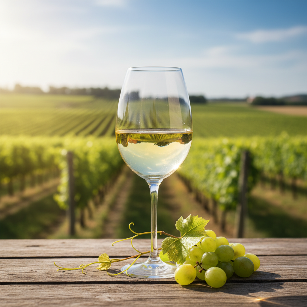 Taça de vinho branco Pecorino em mesa de madeira rústica, com um vinhedo ensolarado ao fundo, transmitindo frescor e origem.