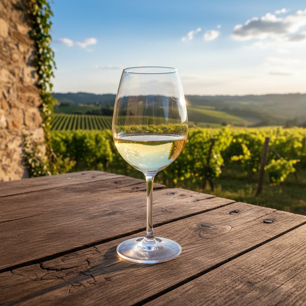 Taça de vinho branco Pecorino em mesa rústica de madeira, com vinhedo italiano ensolarado ao fundo.