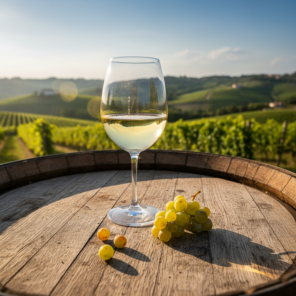 Taça de vinho Pecorino branco sobre um barril de carvalho, com vinhedos italianos ensolarados ao fundo.