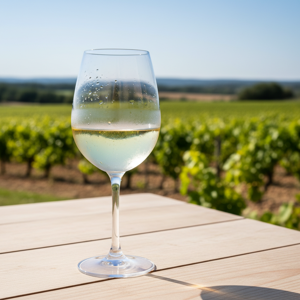 Taça de vinho branco Picpoul Noir gelado em mesa de madeira com vinhedo ensolarado ao fundo no Languedoc.