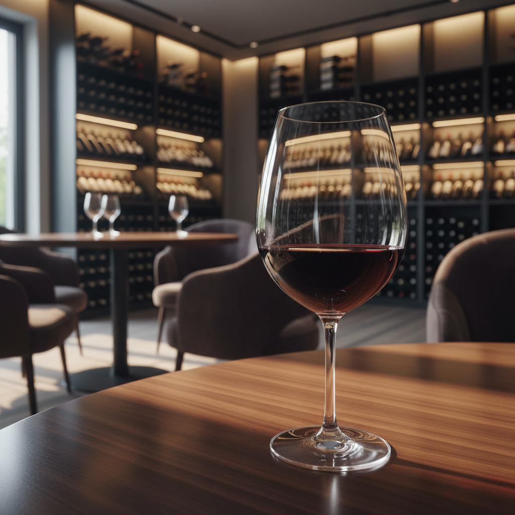 Taça de vinho tinto Refosco em mesa de madeira, com adega moderna desfocada ao fundo.