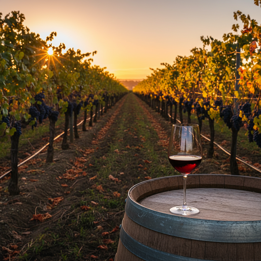 Vinhedo de Tarrango ao pôr do sol com um copo de vinho tinto sobre um barril de madeira, destacando a paisagem australiana.