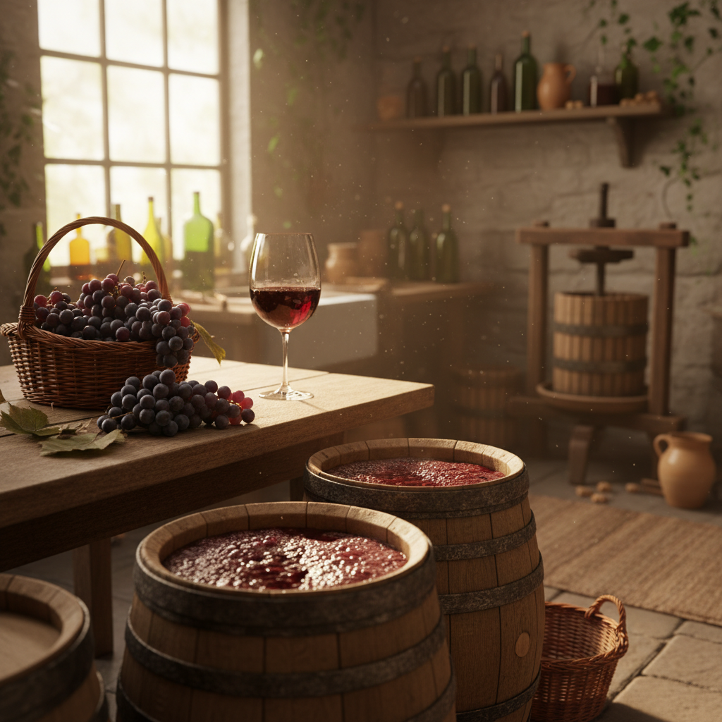 Cena acolhedora de produção de vinho caseiro, com uvas Isabella frescas em cestos, barris de fermentação de madeira e uma taça de vinho tinto pronto para ser degustado.